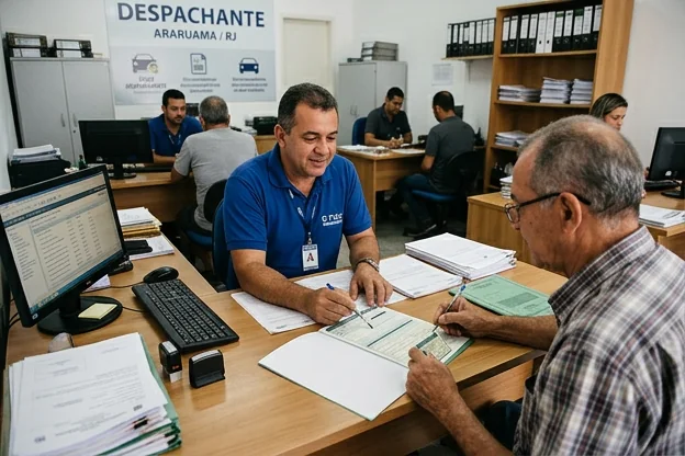 Despachante auxiliando cliente na transferência de veículo em Araruama.