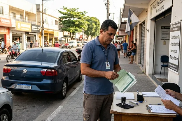 Despachante em Araruama segurando documentos relacionados ao licenciamento de veículos.